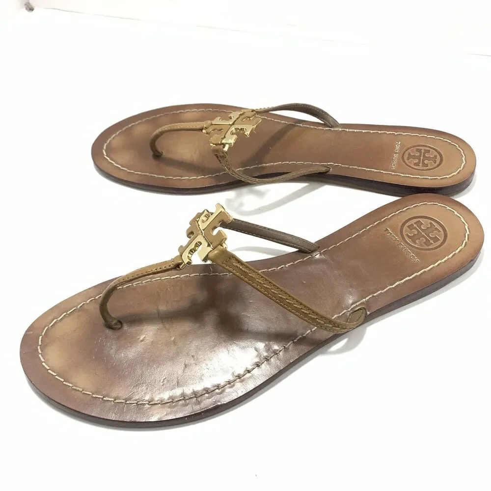 Tory Burch Golden Metal Logo T-Strap Leather Flat Sandals Size 9 Womens